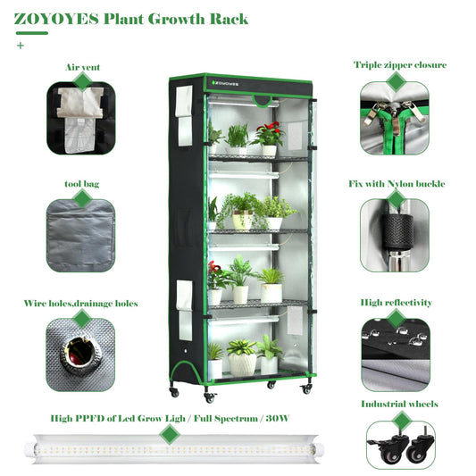 ZOYOYES Indoor Greenhouse with Grow Light,35.8" Lx17.8 Wx71.8 H,5-Layer Plant Shelf with 3-Color T8 Growth Lights,Plant Stand with Smart Timing Plug and thermohygrometer