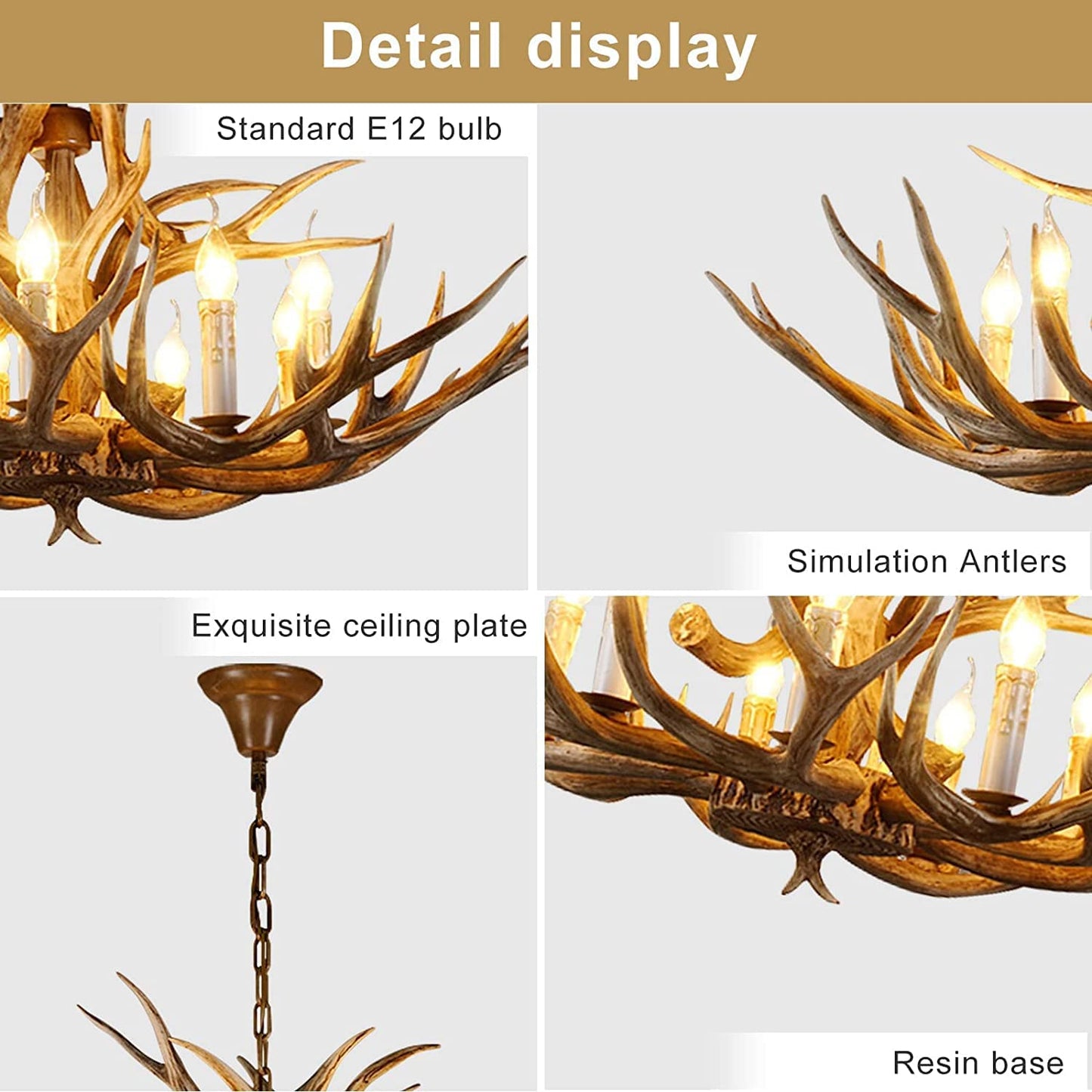 AUNLPB Antler Chandelier, Deer Horn Chandelier 8 Light, Double Layer Retro Farmhouse Antler Light Fixtures with E12 Base for Dining Room Kitchen, Cafe, Store 8-light double big