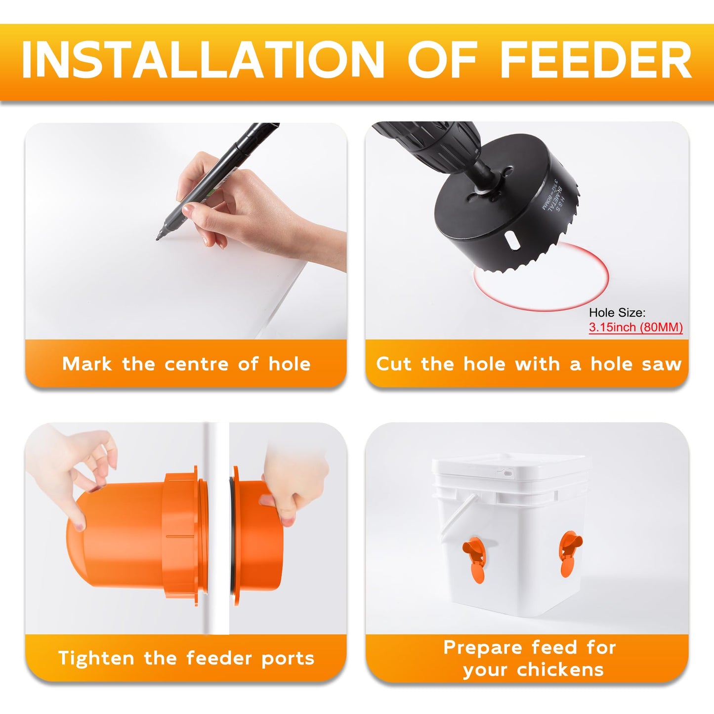 Chicken Feeder Port 8pcs Poultry No Waste Port Kit with Stopper Lid, 1 Hole Saw, DIY Automatic Reusable Coop Feeders, Rain Proof Gravity Feeding Geese Duck Hens Rooster for Bucket Barrel Bin (Orange)