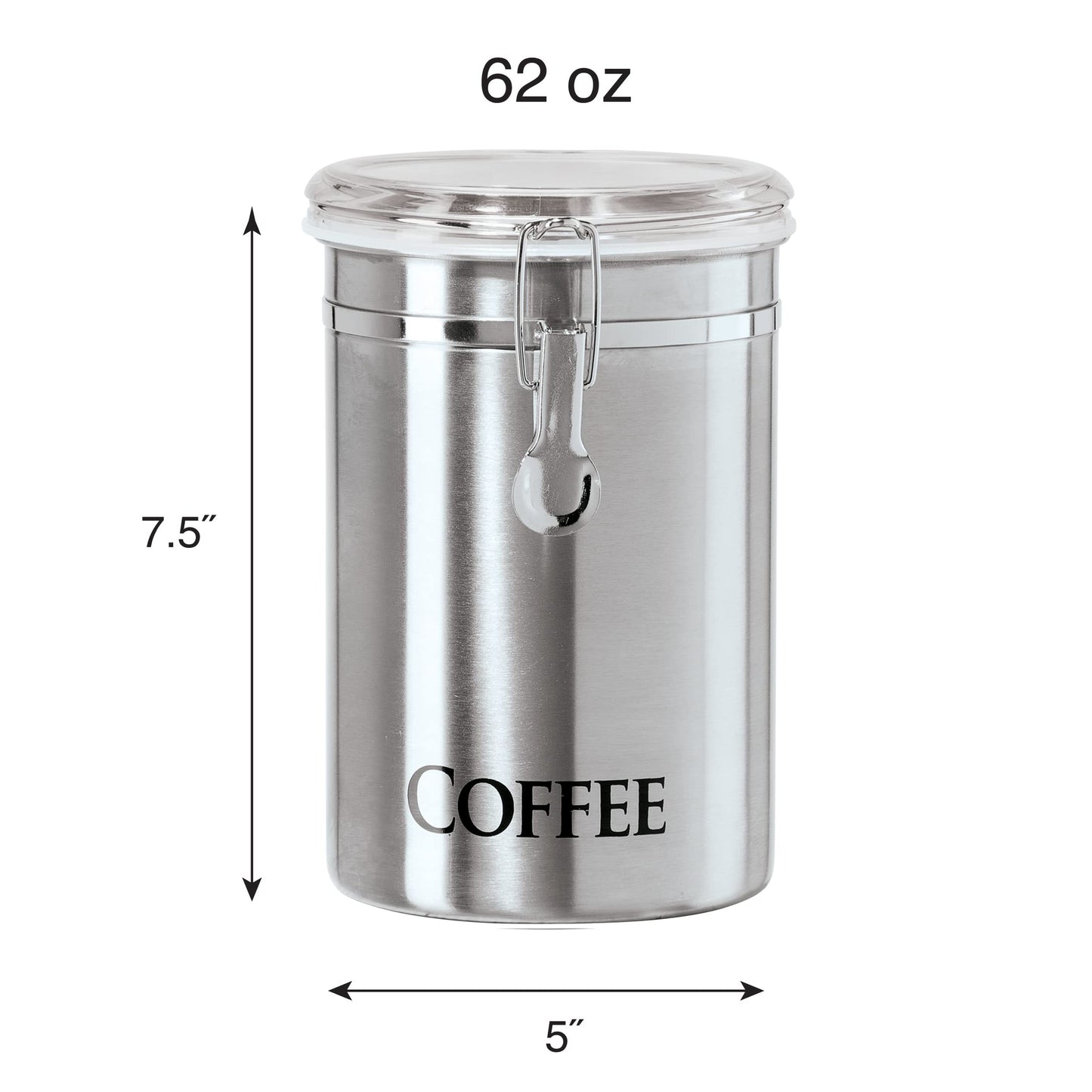 Oggi Stainless Steel Coffee Canister 62 fl oz - Airtight Clamp Lid, Clear See-Thru Top - Ideal for Coffee Bean Storage, Ground Coffee Storage, Kitchen Storage, Pantry Storage. Large Size 5" x 7.5".