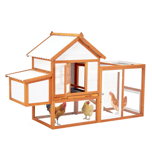 PioneerWorks Outdoor Chicken Coop Wooden Hen House with Run, Poultry Cage w/Ramps, Nesting Box, 5 Access Areas, Wire Fence, Removable Bottom for Easy Cleaning