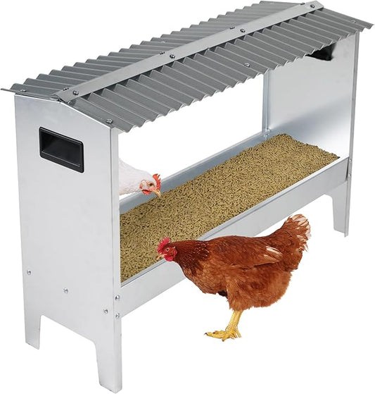 Solution4Patio Portable Metal Chicken Feeding Trough with Roof, Galvanized Steel Feeder with Drainage Holes, Rust-Resistant, Easy to Clean, Chicken Coops Accessories