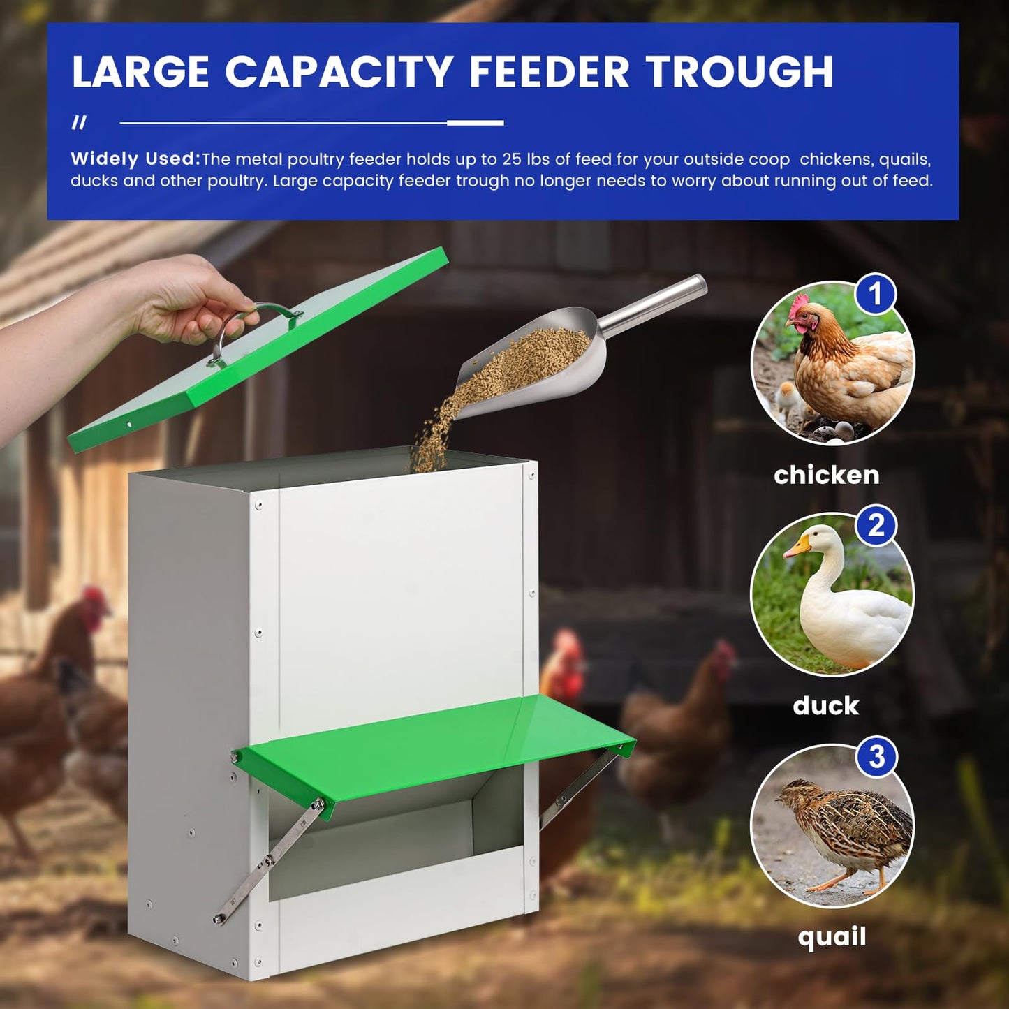 25lb Automatic Chicken Feeders Metal Poultry Feeder no Waste Large Chicken Coop Feeders with Lid Hanging Chicken Feeder Trough for Quail Chickens Ducks Feeder Outside Waterproof Chicken Feeder