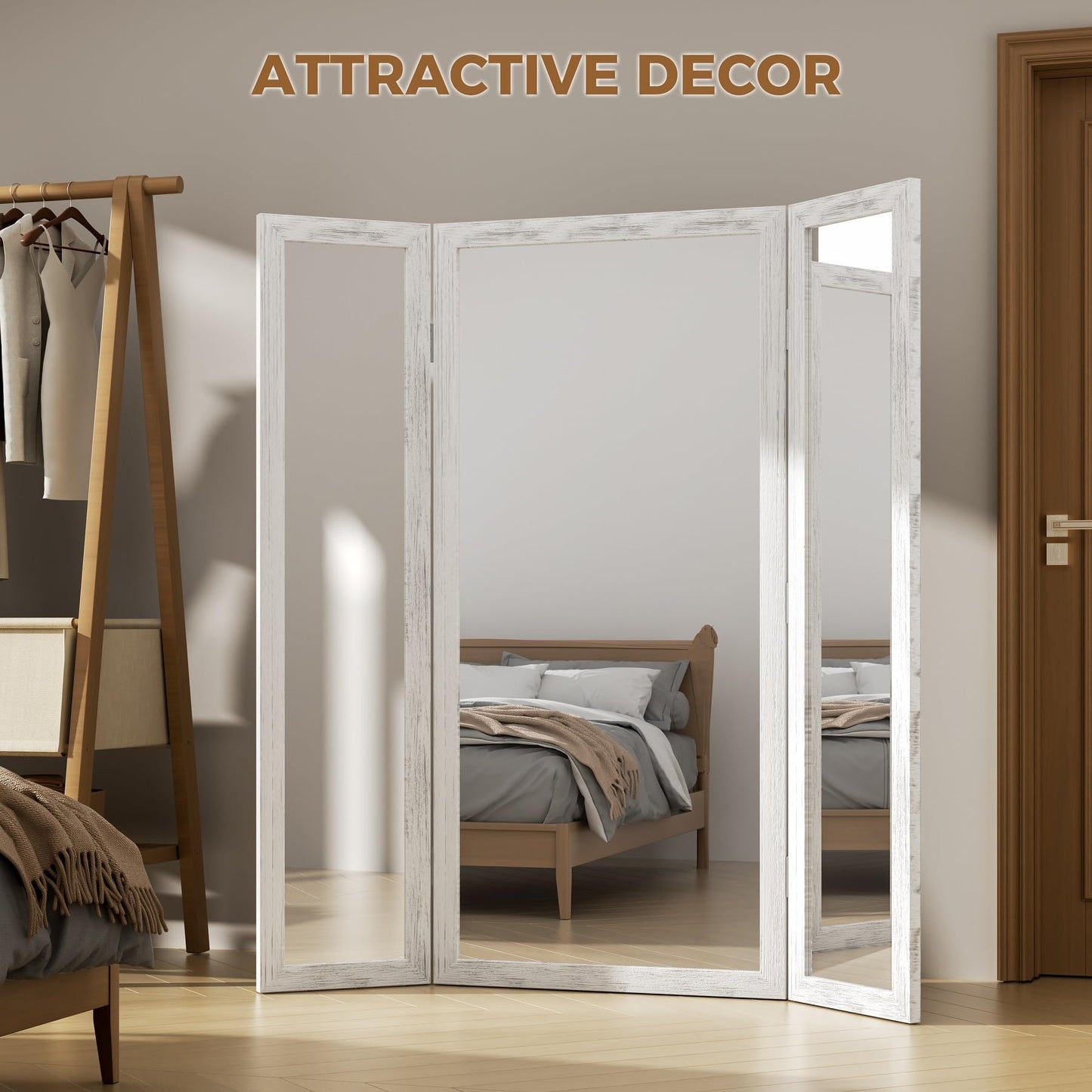 3 Way Full Length Trifold Mirror with Tempered Glass, 3 Panel Oversized Extra Large Free Standing Mirror with Rustic Wood Frame, for Wedding Dress/Clothing Shop/Bedroom/Closet, 71"x67", RusticWhite