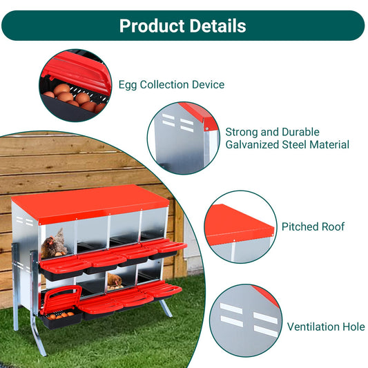 Chicken Nesting Box, 8 Compartments with Leg Chicken Nesting Boxes for Laying Eggs, Nesting Boxes for Chicken with Egg Collection for Chicken Coop, Red
