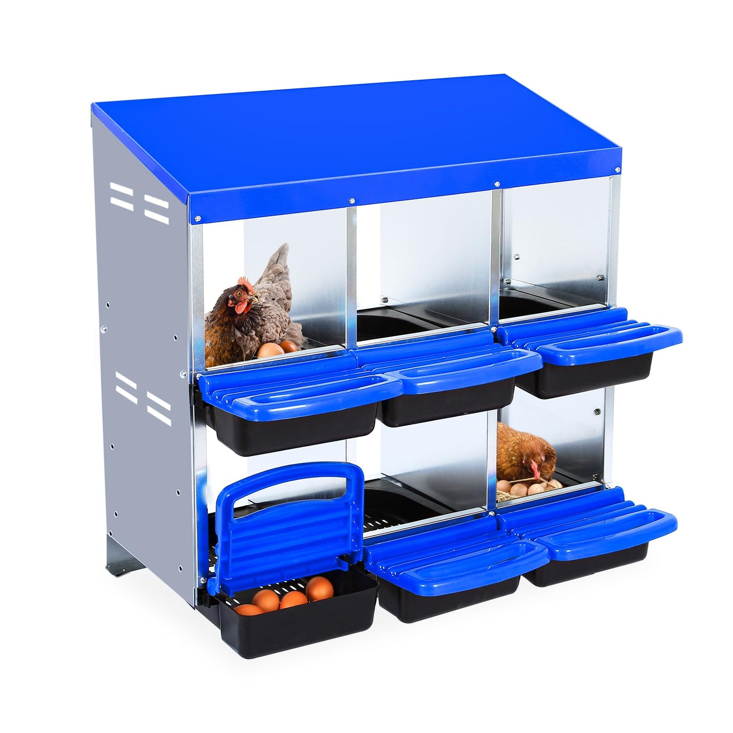 Nesting Boxes for Chickens, 6 Compartments Chicken Nesting Box, Chicken Laying Boxes with Lid Cover, Roll Away Nesting Box for Chickens Laying Egg, Blue