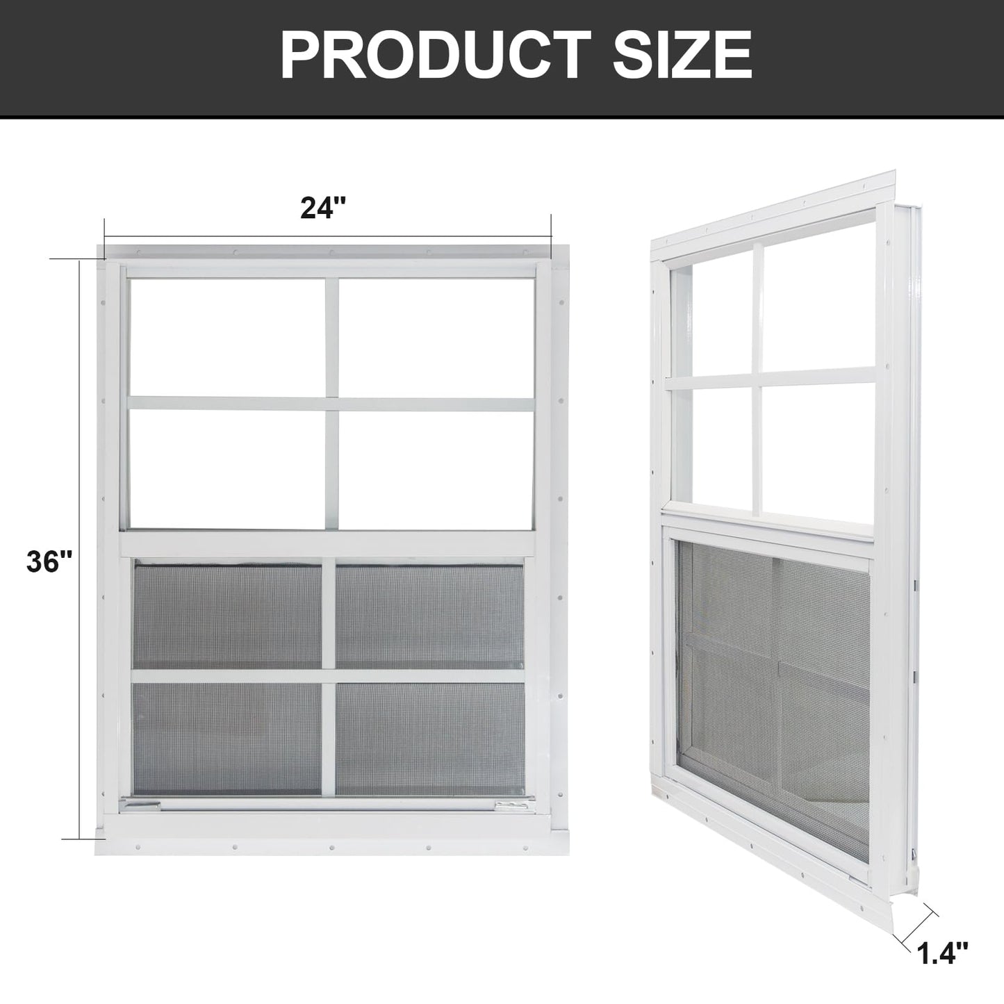 Yuzzy 24" x 36" Shed Windows with Tempered Glass and Fiberglass Screen, 2 Pack Small Sliding Windows for Shed, Chicken Coop, Playhouse, Household, Garage, Barns (White)