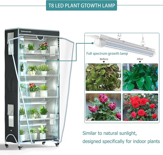 Plant Greenhouse 6-Tiered Heavy Duty Metal Growth Shelf with 5 Sets T8 Grow Light Rack Cover Thermometer Timer for Seedling Cultivation Reproduction Flowering,30" LX14 WX72 H