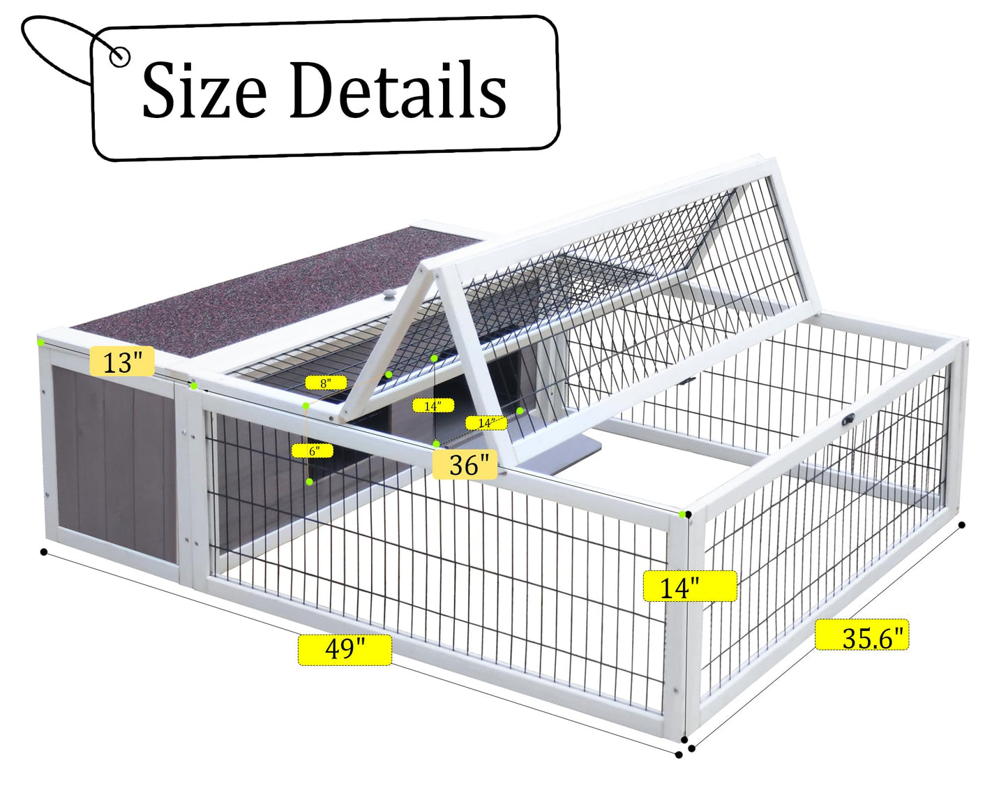 Tortoise House Habitat Wooden, Chicken Coop with Run Rabbit Hutch Small Animal Hutch Enclosure Indoor/Outdoor-Grey + White Trim