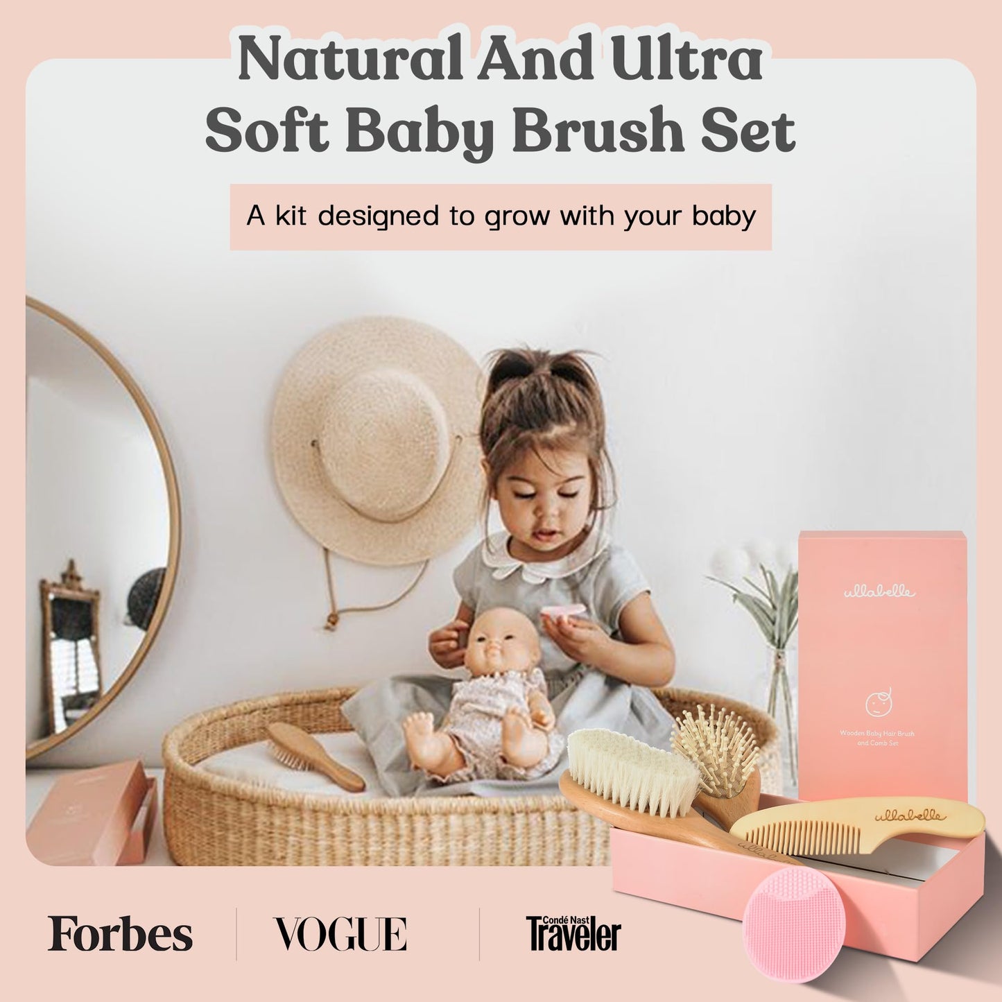 Ullabelle 4 Piece Wooden Baby Hair Brush and Comb Set for Newborns & Toddlers in Chic Gift Box - Ultra Soft Natural Goat Hair and Wood Baby Brush Set Prevents Cradle Cap - Perfect Registry Gift (Pink)
