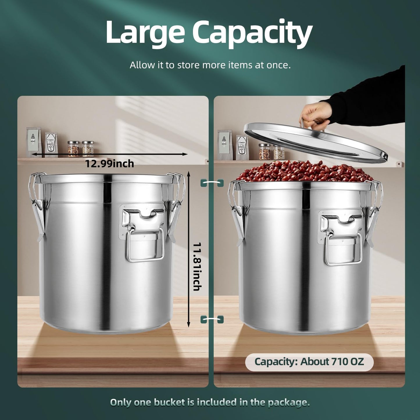 KONKENIE 21L Stainless Steel Airtight Canister Rice Cereal Grain Canisters Container Food Oil Sugar Milk Storage Bucket w/Handles+Lid Cylinder Jar for Household Kitchen Bar Restaurants Silver (21L)
