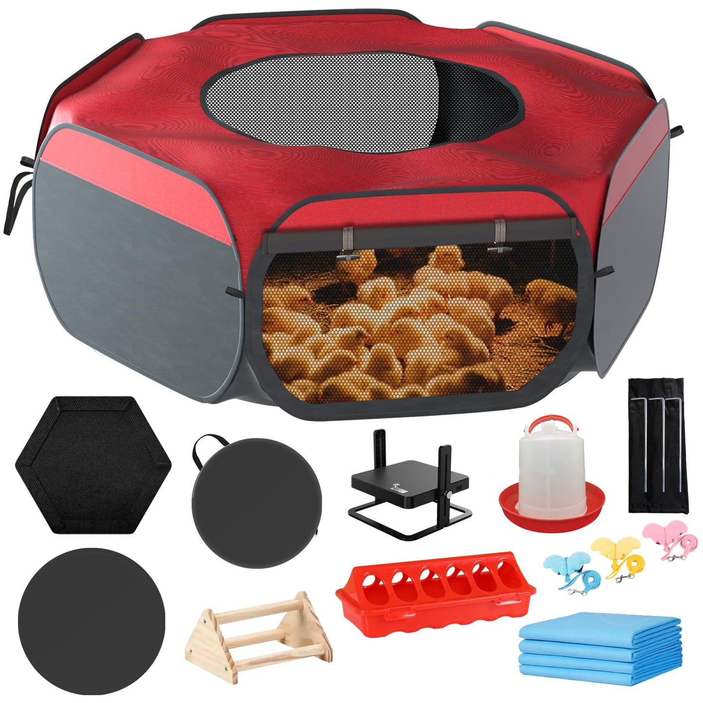 Brooder Box for Chicks, Chicken Starter Kit with Harness Leash, Brooder Heating Plate, Nesting Pad, Chicken Waterer, Feeder, Perch, Dual Door Chick Brooder Set, Pop Up Playpen Tent for Duck Quail