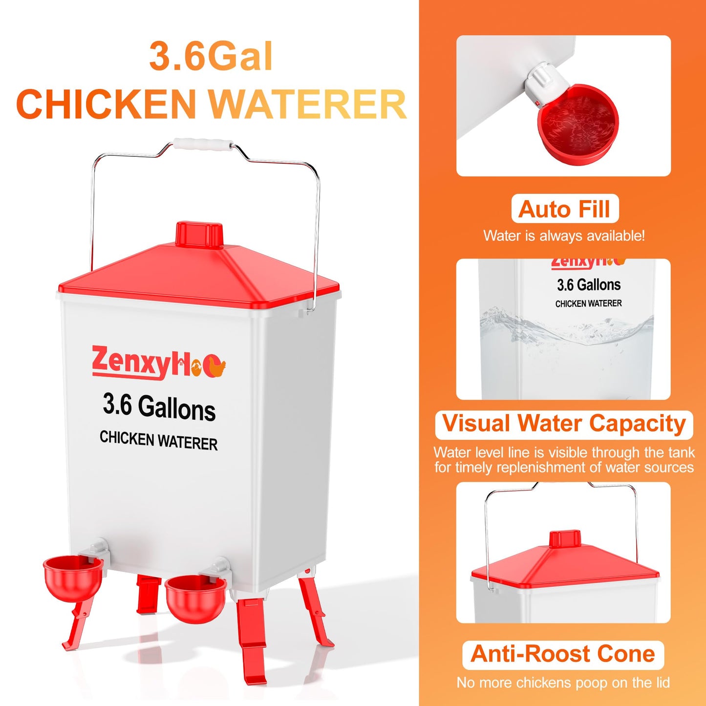 ZenxyHoC 3.6 Gallons Chicken Feeder and Waterer Set with Adjustable Legs and Anti Roost Cone
