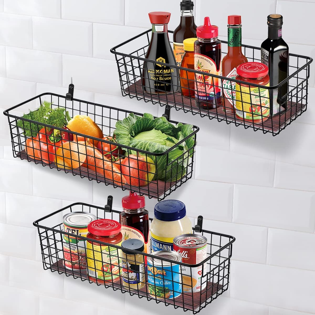 SheeChung 2 Set [Extra Large] Portable Metal Farmhouse Wall Decor Storage Organizer Basket Bin with Handles & Floating Shelves for Hanging in Bathroom,Kitchen,Office-Wall Mount Hooks (2, Black)