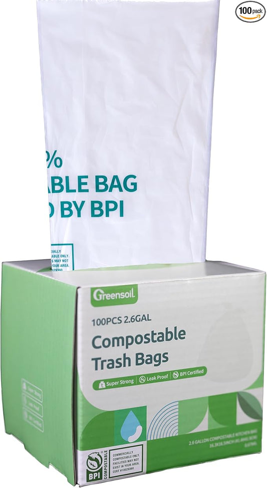 Greensoil 100% Compostable Waste Bags 2.6 Gallon, Extra Thick Kitchen Small Compost Bags for Countertop Bin, Bathroom or Office Waste, ASTM D6400 BPI Certified Compostable & Leak Proof, 100 Pack
