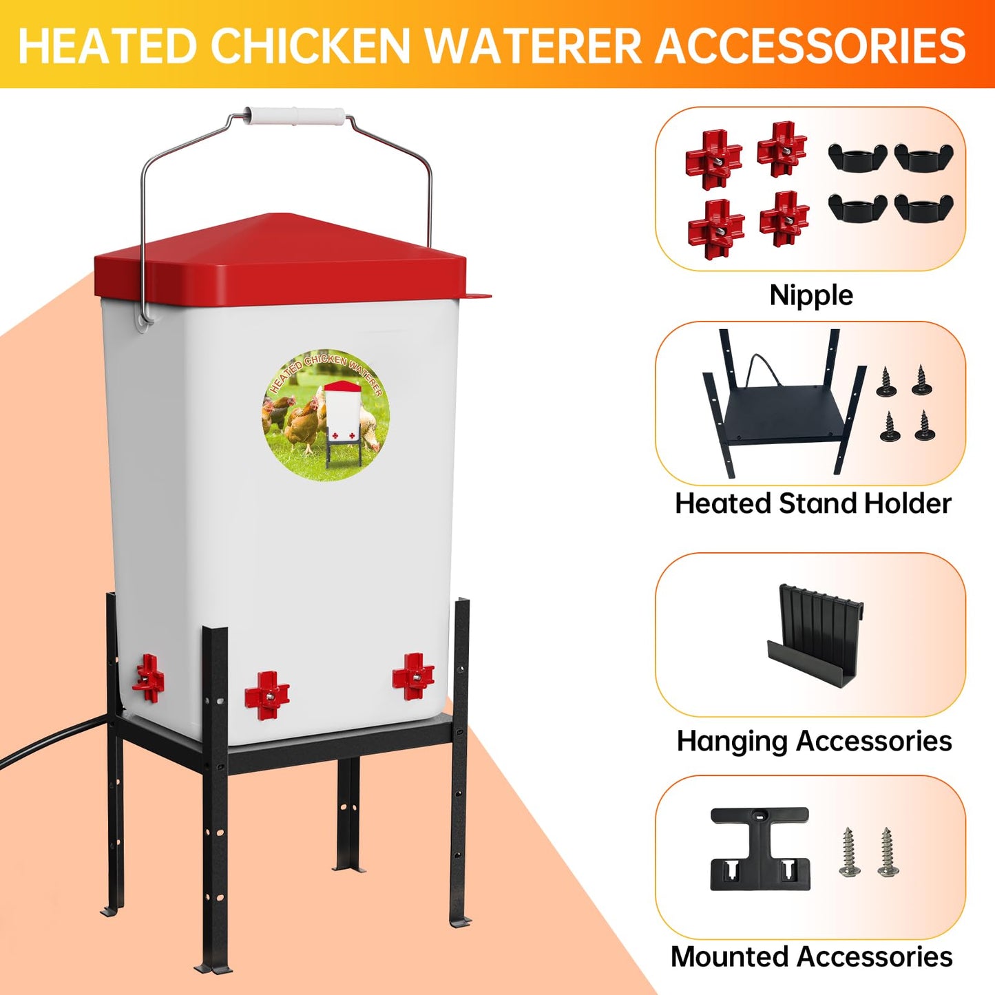Nexum 2 Gallon Heated Chicken Waterer - Outdoor Unfrozen Poultry Drinker for Winter with 4 Nipples and Adjustable Stand Automatic Chicks Water Bucket (Red, 3 Gallon)