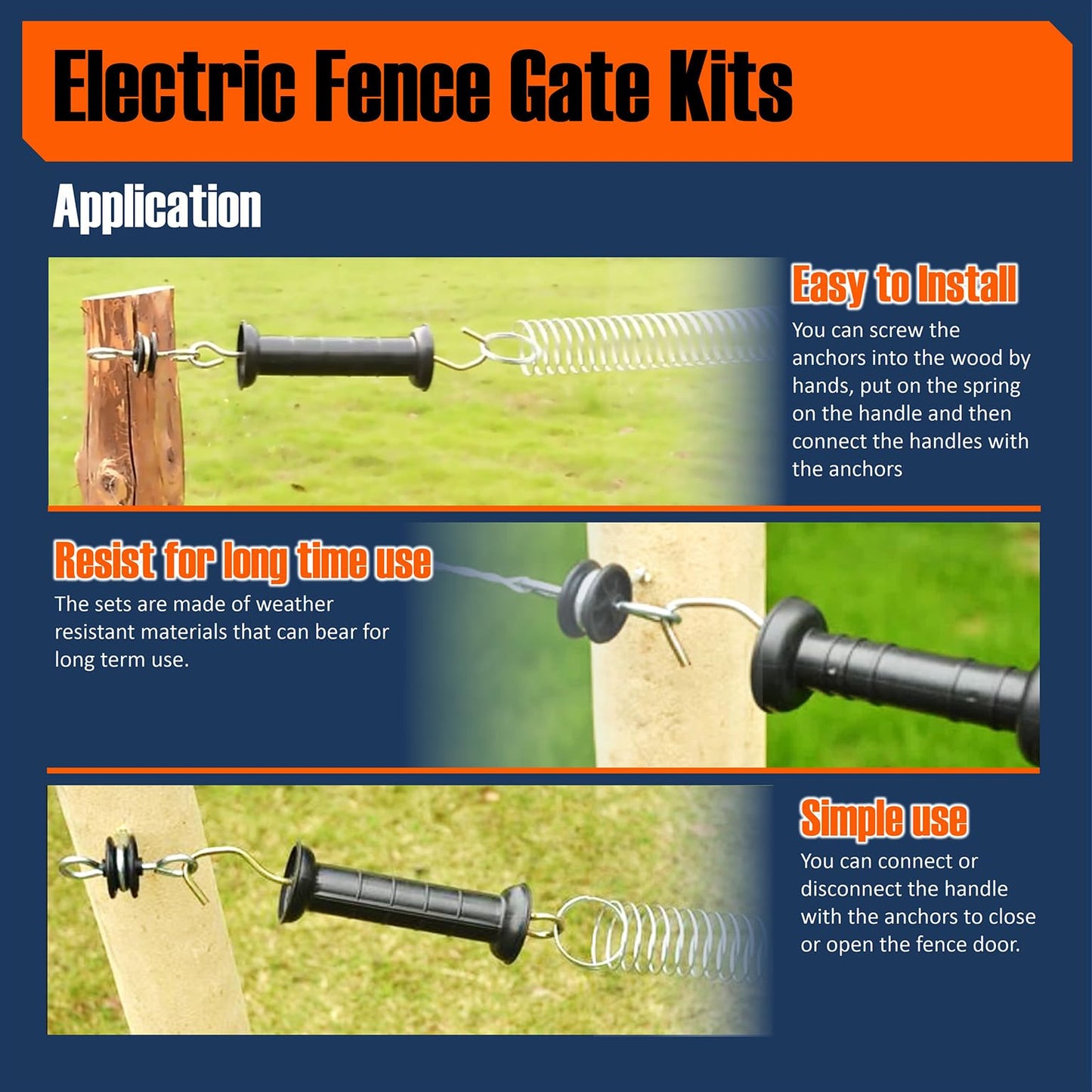 QMARK Electric Fence Gate Kit, Electric Fence Handle Set, Spring Gate Handle Set with 2 Tension Springs, 4 Corner Ends 2 Black Handles