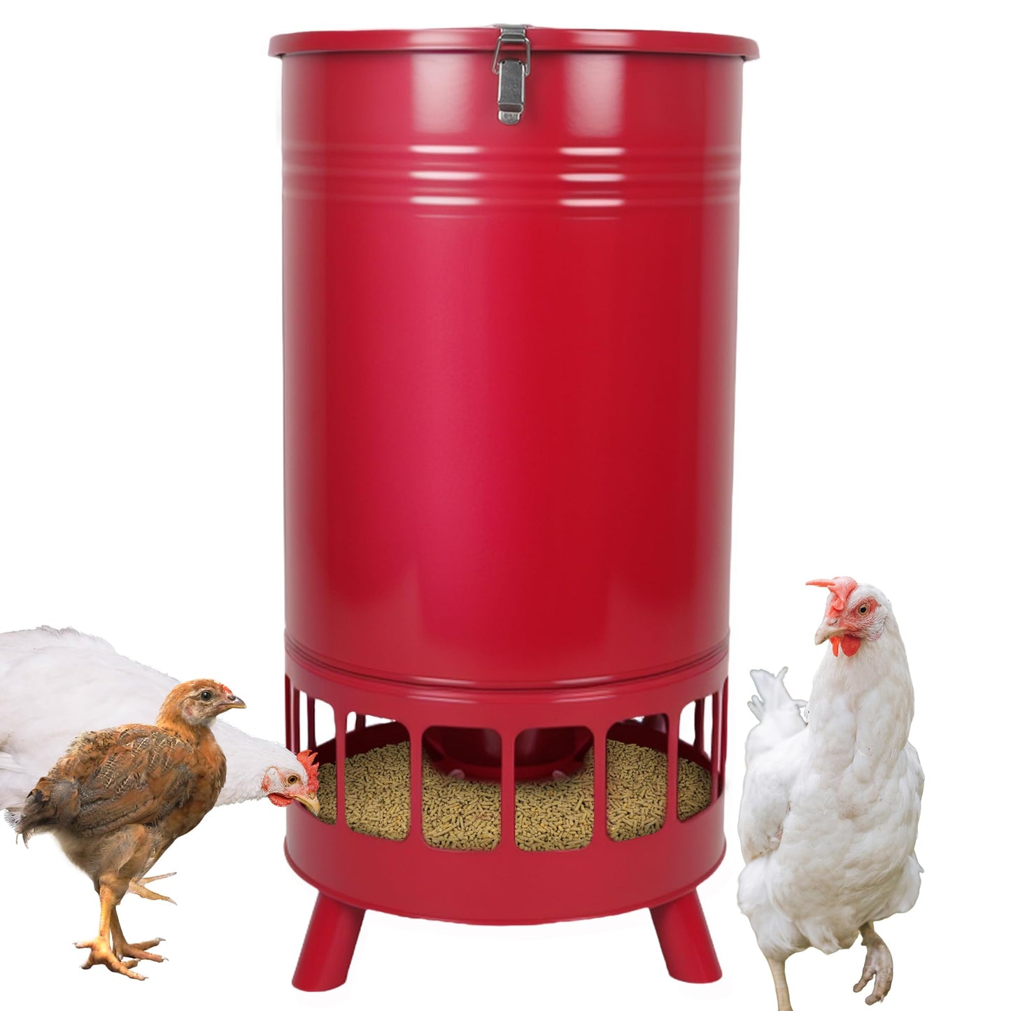 Solution4Patio 65 LB Large Free Standing Chicken Feeding Barrel, Portable Gravity Chicken Feeder Automatic, Dispenser, 16 Feeding Ports Poultry Feeder, Hen Coop (Red)