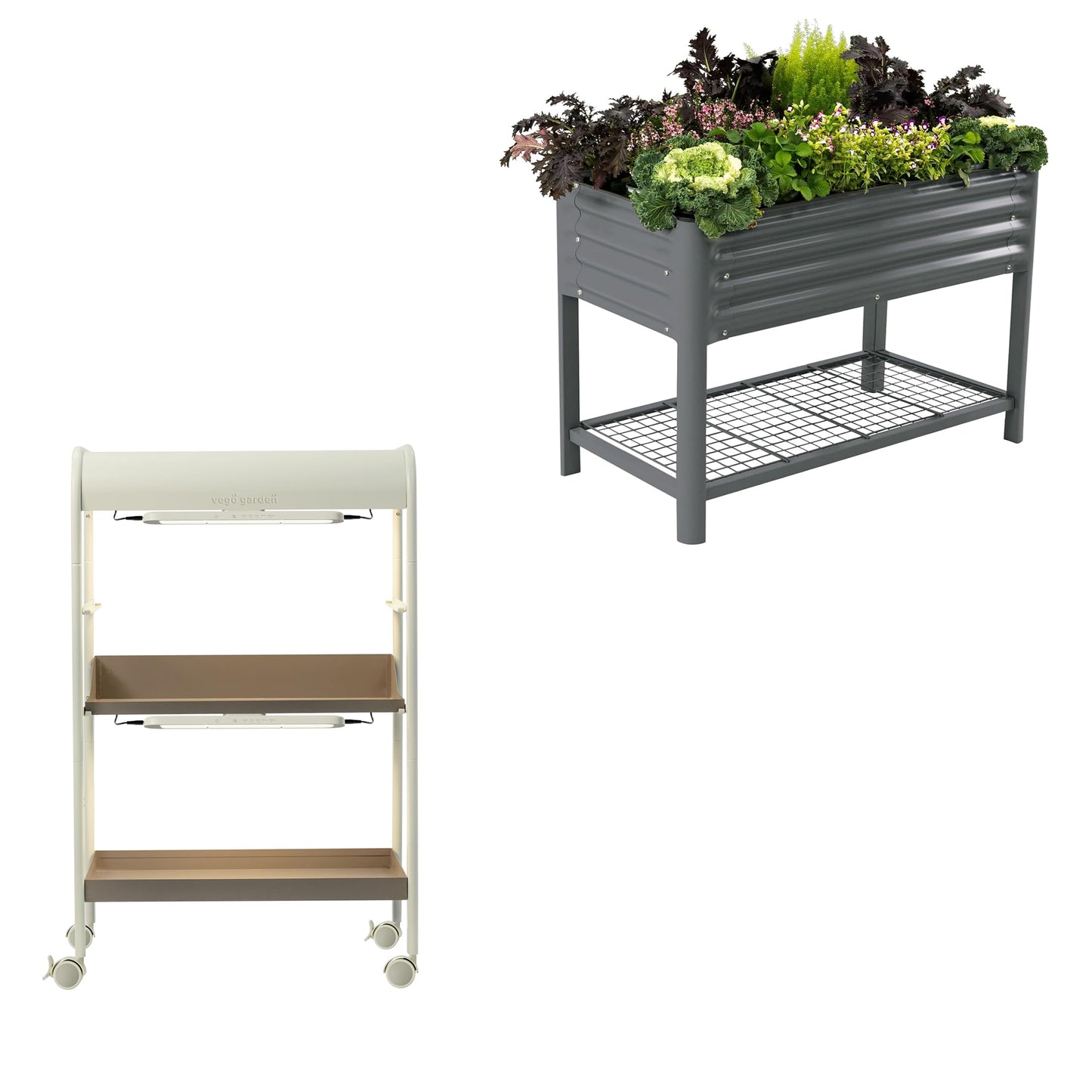 32" Elevated Raised Garden Bed & 2-Tiered Plant Stand Indoor with Grow Lights