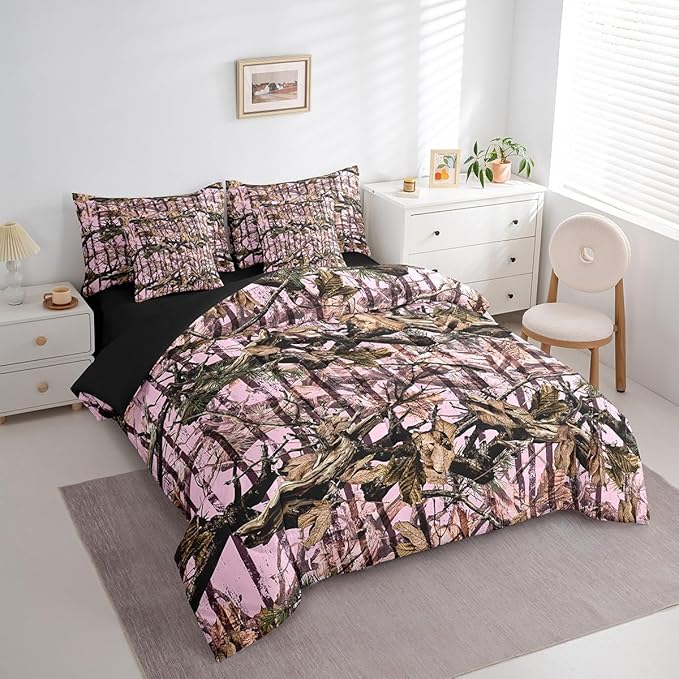 Feelyou Tree Branches 7 Pieces Bedding Set, for Kids Wild Hunting Bed Set King Size Botanical Tree Bed in a Bag with Comforter, Sheets, Pillowcases Bedroom Decor Nature Theme Light Pink Brown