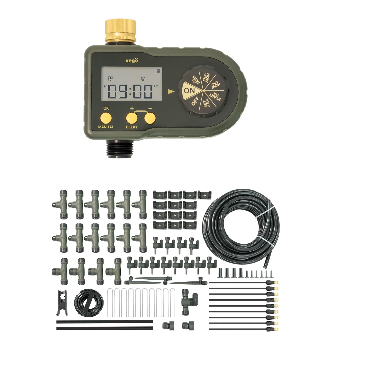 2 Zone Watering Timer with Brass Inlet & 24.5ft Drip Irrigation System for Raised Garden Beds