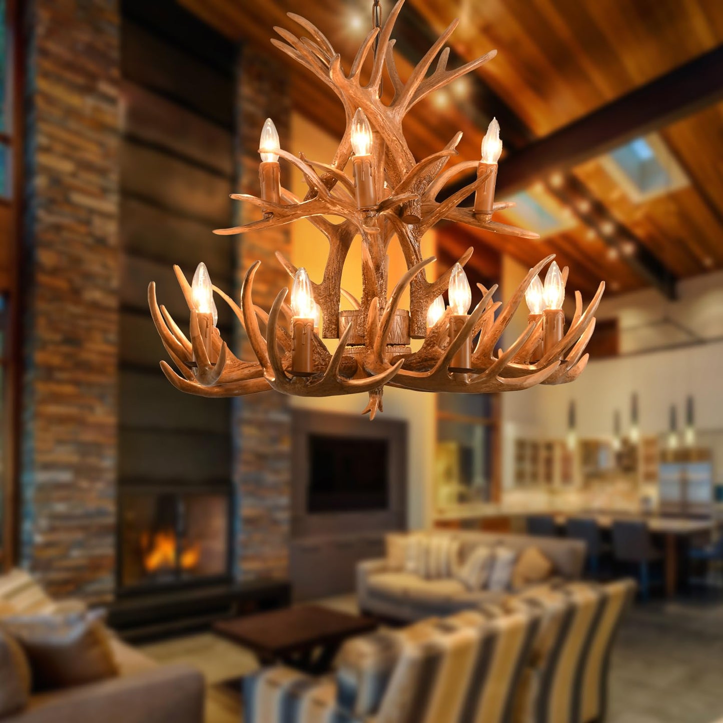 Deer Antler Chandelier 12 Light, 2-Tier Large Resin Rustic Farmhouse Deer Antler Ceiling Light Fixtures, Low/High Ceiling Hanging Antlers Chandelier Lighting for Bedroom Stairway Foyer Porch Kitchen