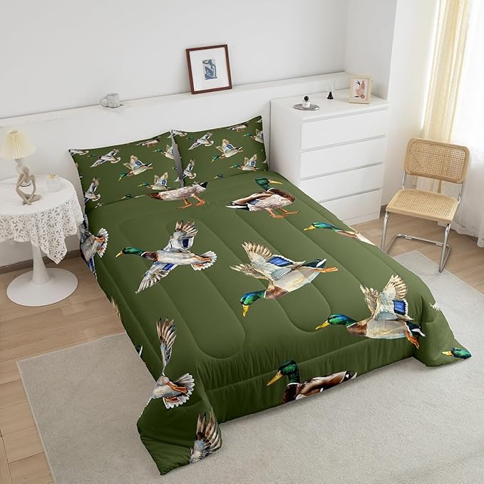 jejeloiu Cute Mallard Duck Comforter Set King Size Kids Wild Duck Hunting Comforter for Boys Teens Hunting and Fishing 3D Wild Animal Bedding Set Green Duvet Set Room Decor Quilt Set