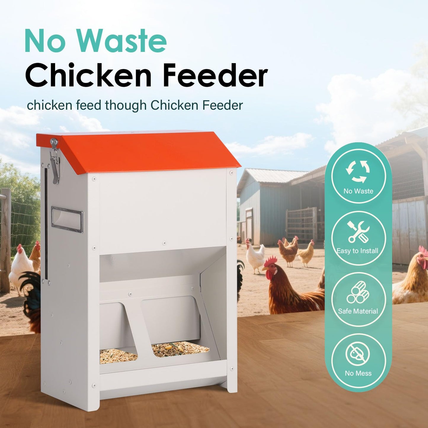 PAUQRWIE Chicken Feeders No Waste 20lbs Large Automatic Poultry Feeder with Lid Auto Feeding Though Dispenser for Duck Turkey Pheasant Chicken Coop Feeder System
