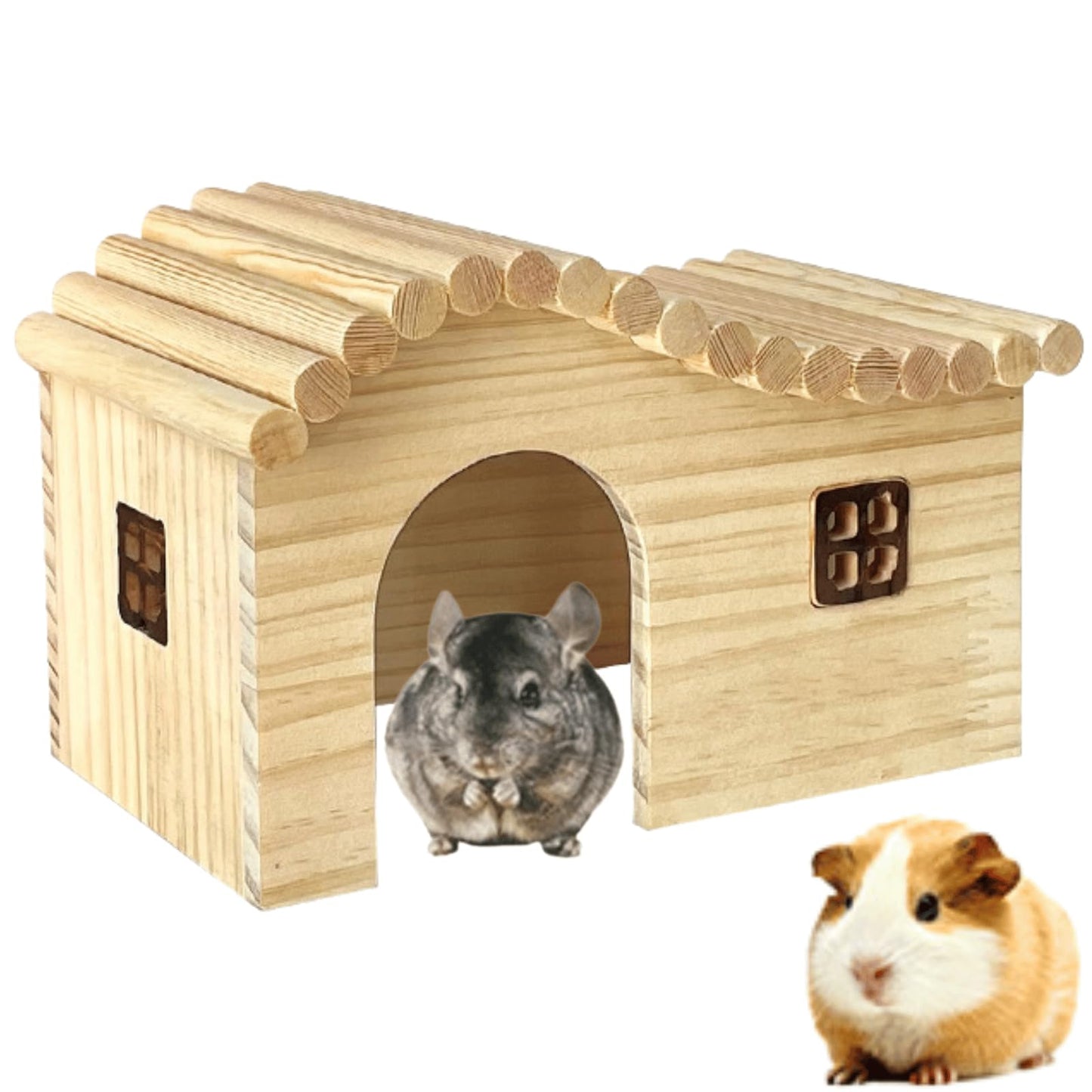 Guinea Pig Wood Hideout Hut with Window Small Animal Wooden House for Rat Chinchilla Hedgehog Hamster Rabbit Bunny (Small)