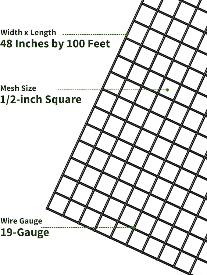 Hardware Cloth 1/2 inch Mesh 48 inches x 100 feet 19-Gauge, Chicken Wire Fencing, Welded Wire Fencing, Wire Mesh Roll, Cage Wire, Garden Fencing, Vegetable Garden, Wire Cloth