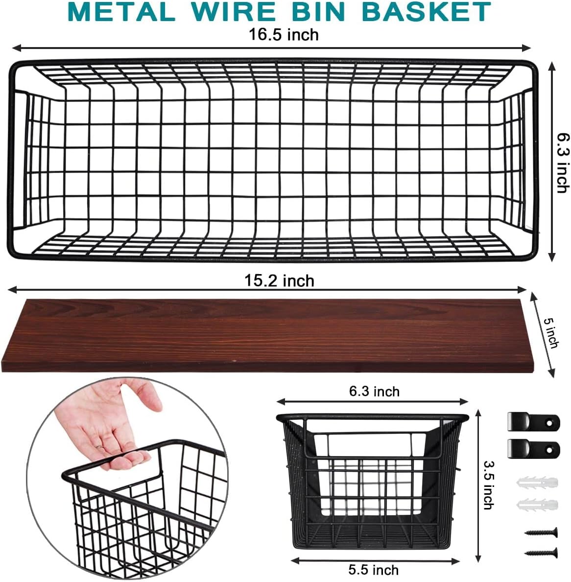 SheeChung 2 Set [Extra Large] Portable Metal Farmhouse Wall Decor Storage Organizer Basket Bin with Handles & Floating Shelves for Hanging in Bathroom,Kitchen,Office-Wall Mount Hooks (2, Black)