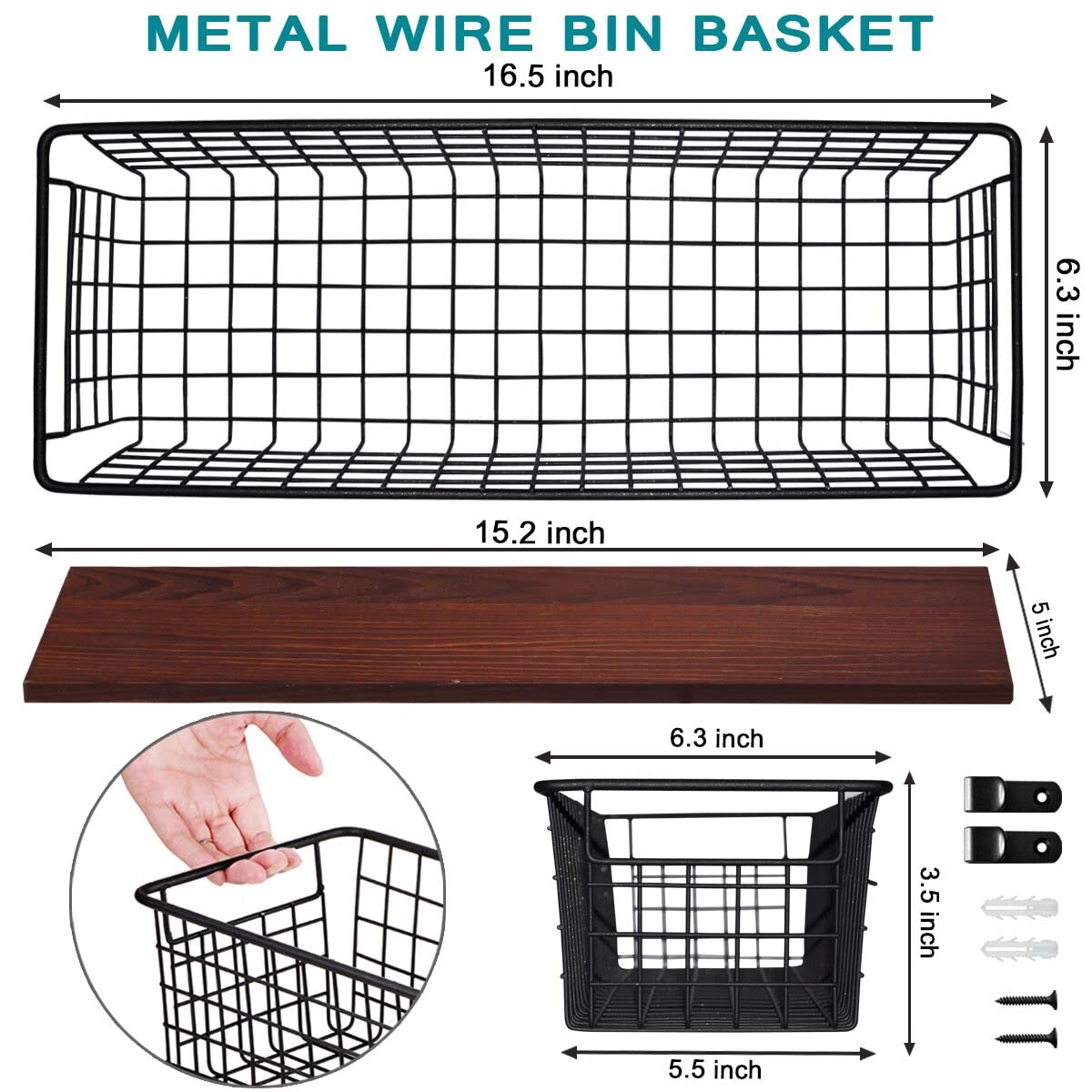 SheeChung 2 Set [Extra Large] Portable Metal Farmhouse Wall Decor Storage Organizer Basket Bin with Handles & Floating Shelves for Hanging in Bathroom,Kitchen,Office-Wall Mount Hooks (2, Black)