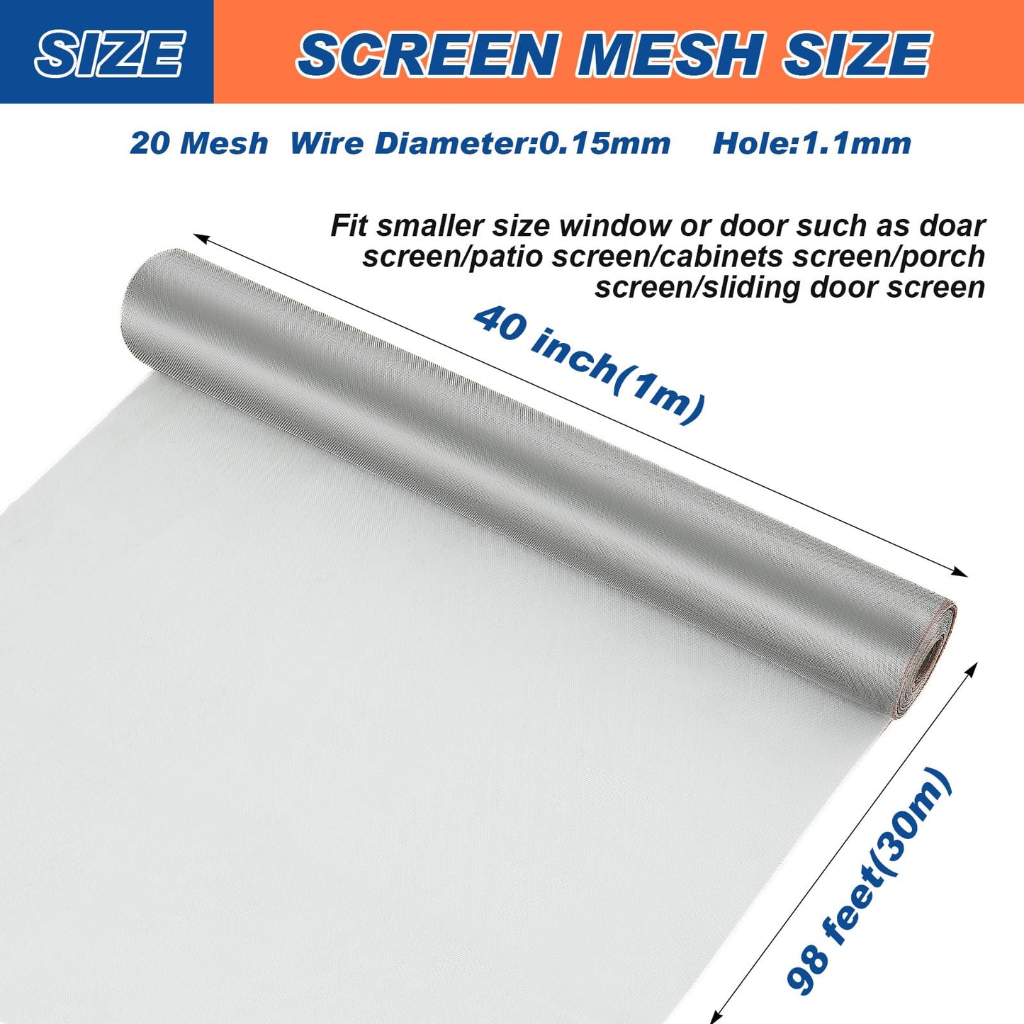 Blulu 304 Stainless Steel Mesh 40 Inch x 98 Feet Metal Mesh Screen Window Woven Screen Mesh Roll Easy to Cut for Door Balcony Porch Cabinets Poultry Netting Cage Fence, 20 Mesh 0.15 mm Wire Dia