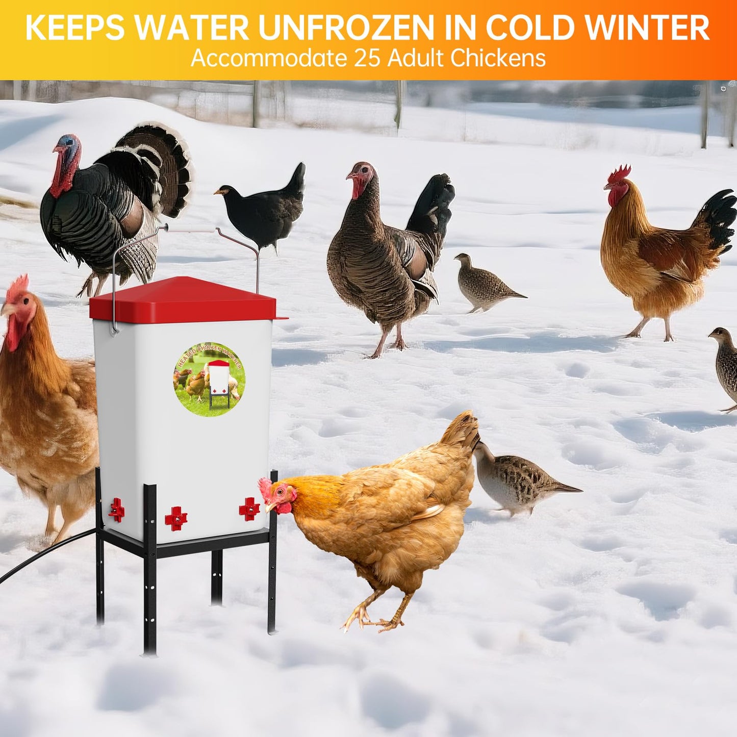 Nexum 2 Gallon Heated Chicken Waterer - Outdoor Unfrozen Poultry Drinker for Winter with 4 Nipples and Adjustable Stand Automatic Chicks Water Bucket (Red, 3 Gallon)