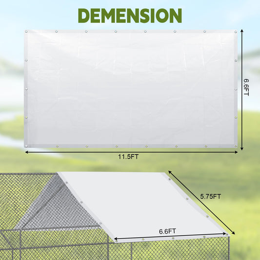 VitalCozy 2 Pcs Chicken Coop Cover Waterproof 11.5 x 6.6 ft Chicken Run Cover Coop Tarp Accessories for Winter with 50 Pcs Ball Bungees Cords for Outdoor (White)