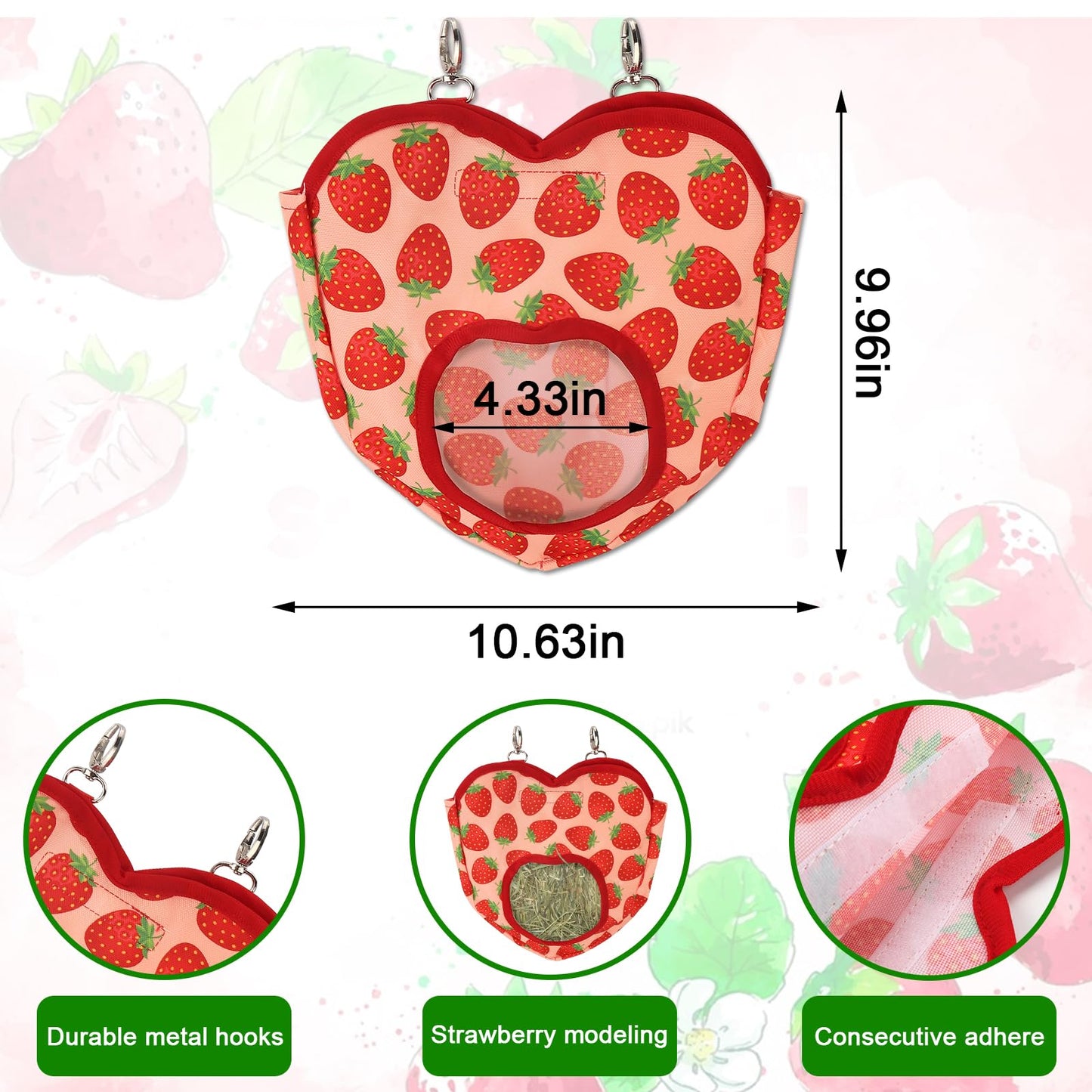 Estivaux Rabbit Hay Feeder Bag Strawberry Guinea Pig Hanging Hay Feeding Bag with Hole Pet Storage Dispenser for Chinchilla Hamster Bunny Small Pet Animals