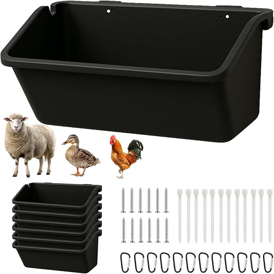 Hanging Chicken Feeder Troughs (6 Pack, 5 Qt) – Durable Black Plastic Poultry Feed & Water Buckets with Metal D‑Clips, Multi‑Animal Goat, Sheep, Duck, Pig, Horse, Chicken Coop Feeder