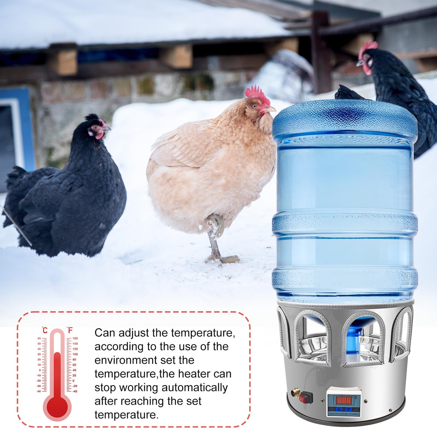 Heated Chicken Waterer - 5 Gallon Metal Base With Temperature Indicator for Winter - For Chickens, Ducks, Pigeons (Does Not Contain Buckets)