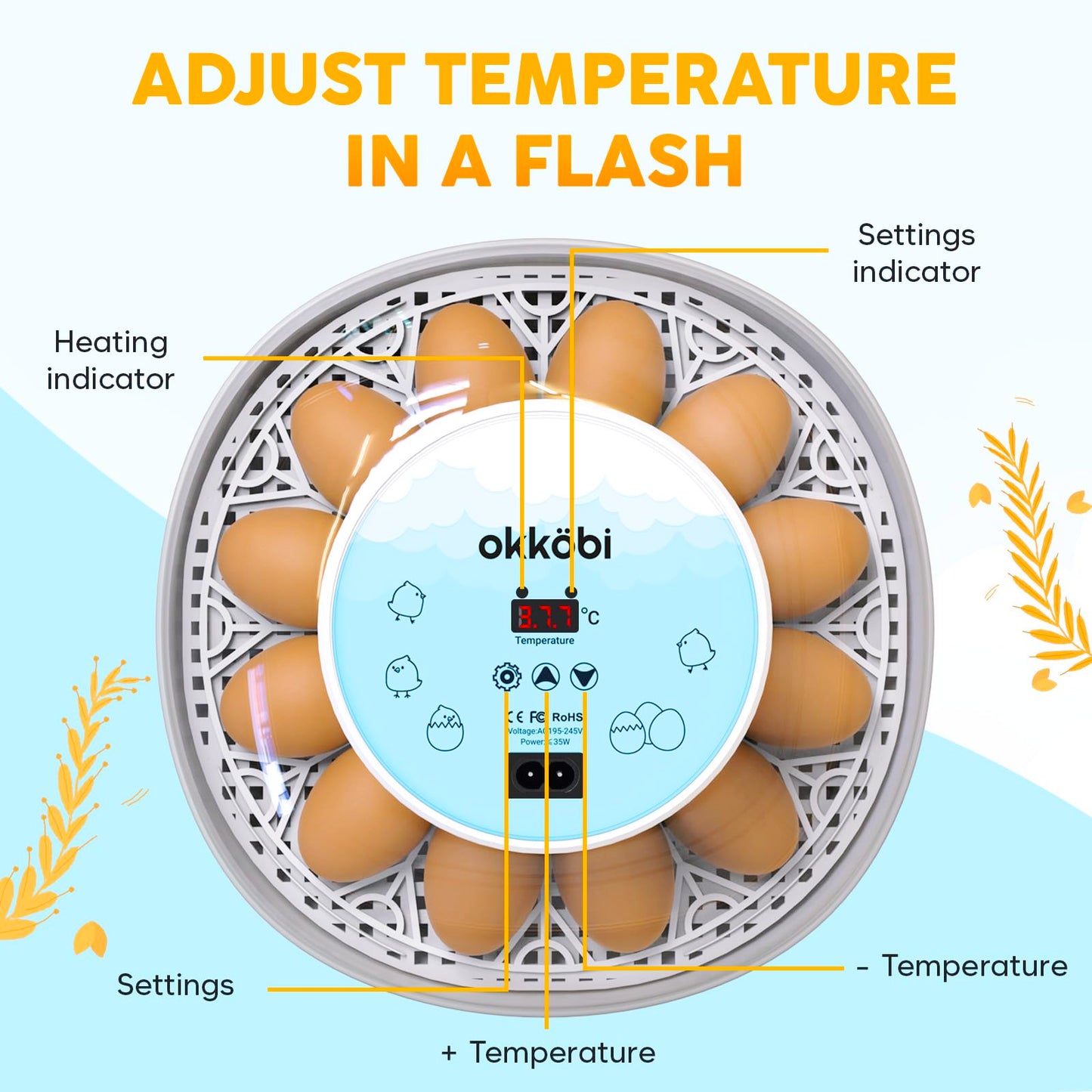 Okkobi M12 | Egg Incubator with Automatic Egg Turning and Humidity Control - 12/24 Eggs, 360° View, Easy to Use and Clean - Egg Incubators for Hatching Eggs - Incubadora de Huevos de Gallina