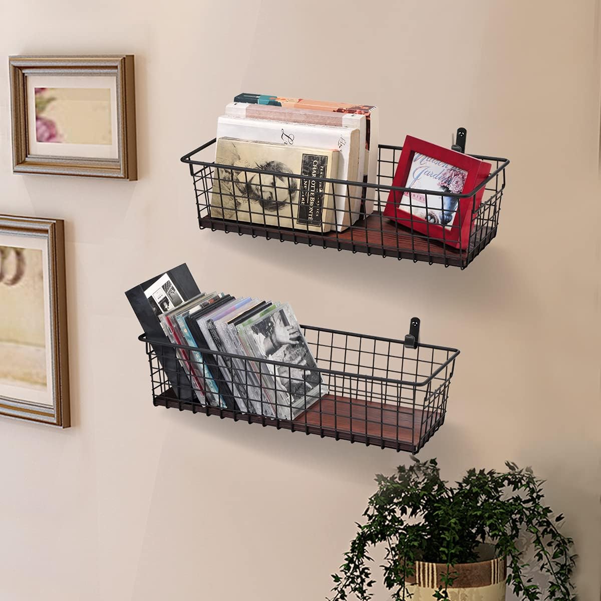 SheeChung 2 Set [Extra Large] Portable Metal Farmhouse Wall Decor Storage Organizer Basket Bin with Handles & Floating Shelves for Hanging in Bathroom,Kitchen,Office-Wall Mount Hooks (2, Black)