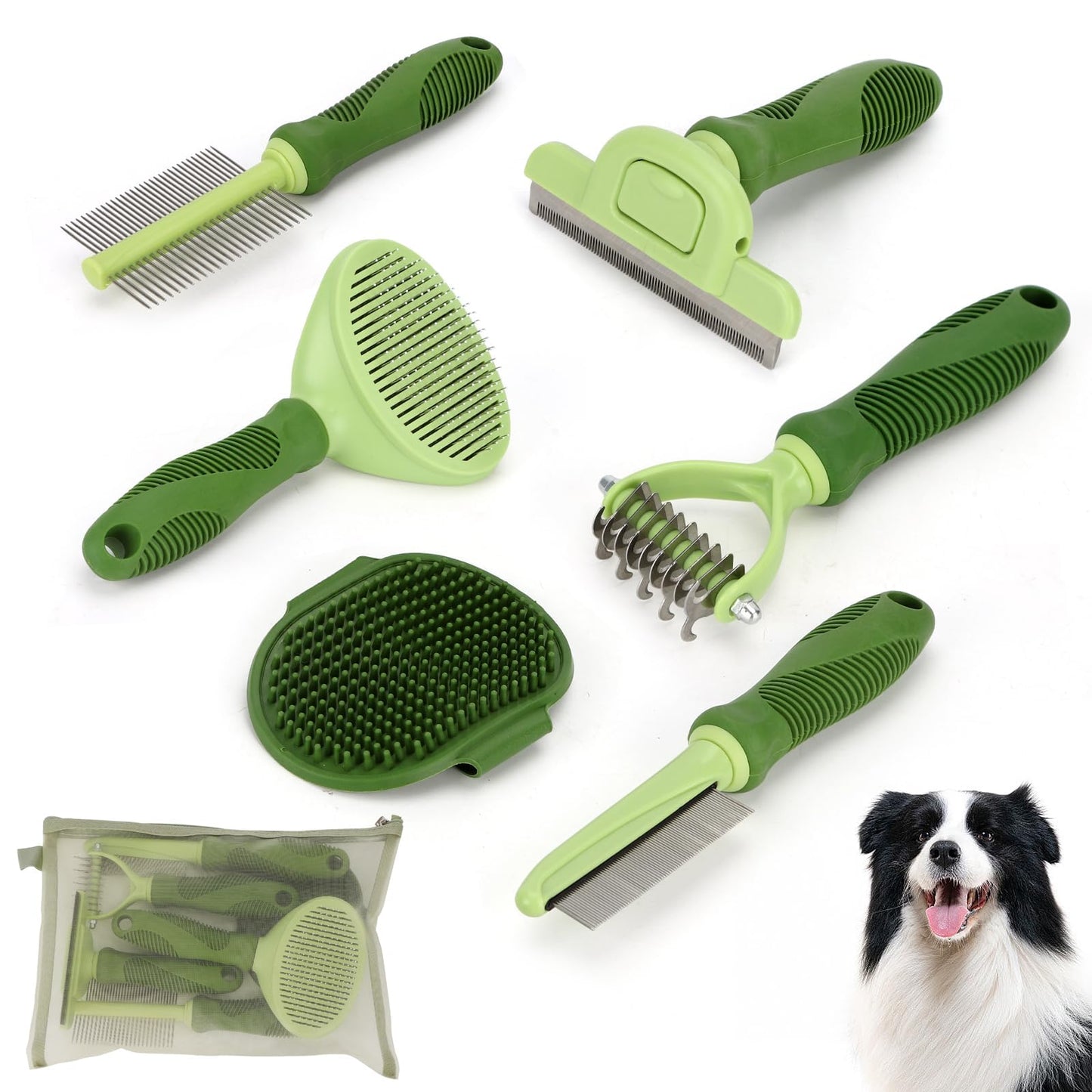 Nobleza 6PCS Dog Grooming Kit, Self-Cleaning Slicker Brush with Massage Tips, Dematting Comb for Shedding and Tangles, Ergonomic Bath Brush, Adjustable Handle, Safe for Dog Cat Puppy, Green