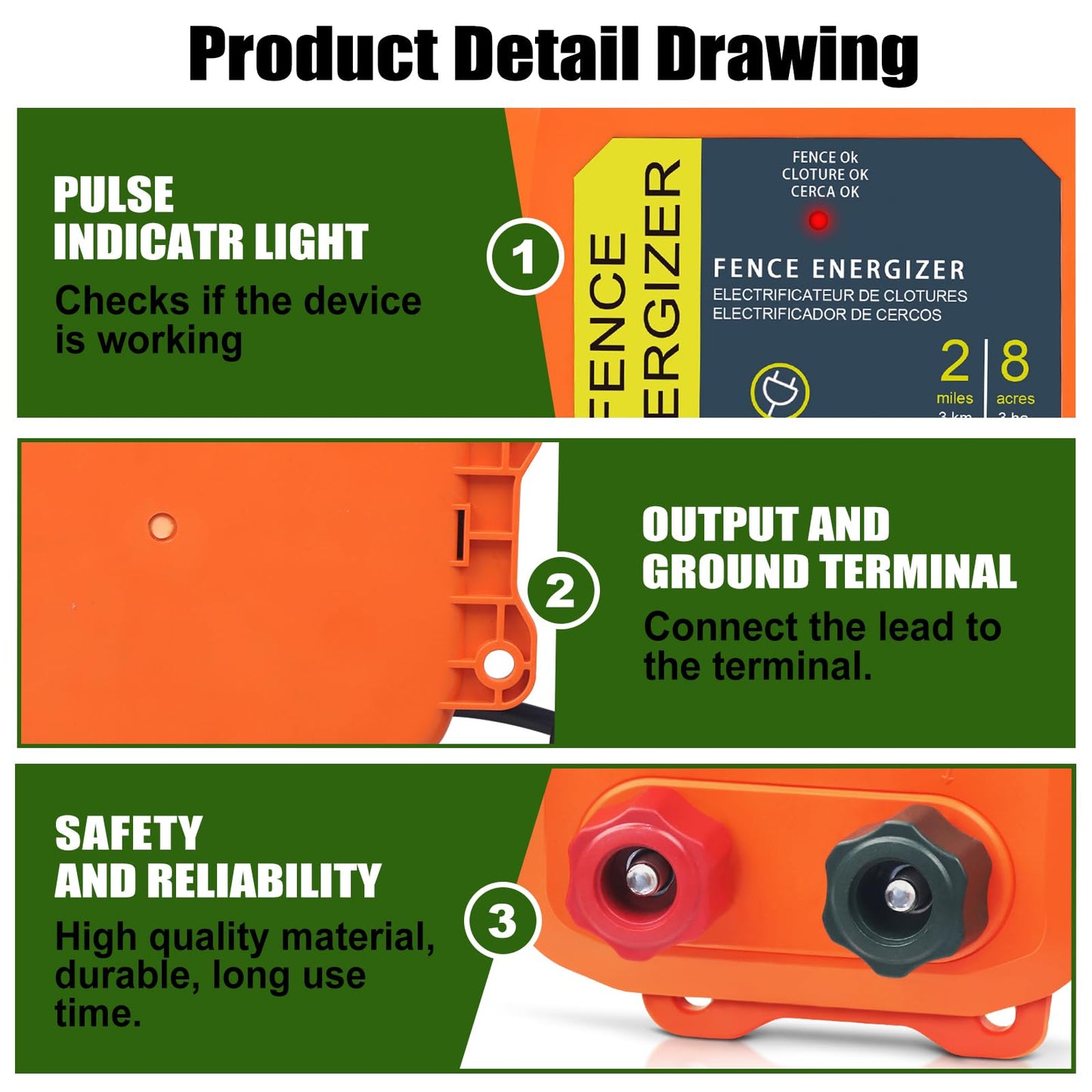 PE2 Electric Fence Energizer, 2-Mile/ 8 Acres Electric Fence Charger,0.1 Joule Livestock Fence Chargers for Containing Dogs, Livestock and Preventing Wild Animals Intruding,Orange