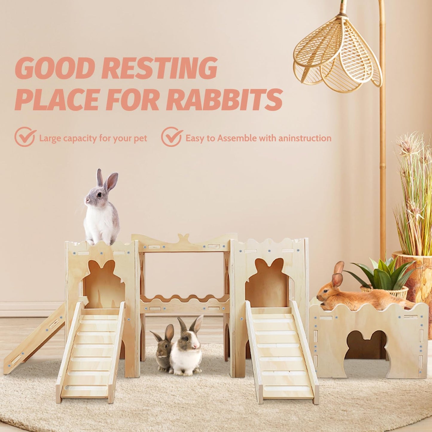 NICERINC PET Extra Large Wooden Rabbit Castle Hideaway Tunnel and Bed Small Animal Hideaway Hut Solid Safe Construction Play Hideaway Hut for Rabbit Guinea Pig Chinchilla