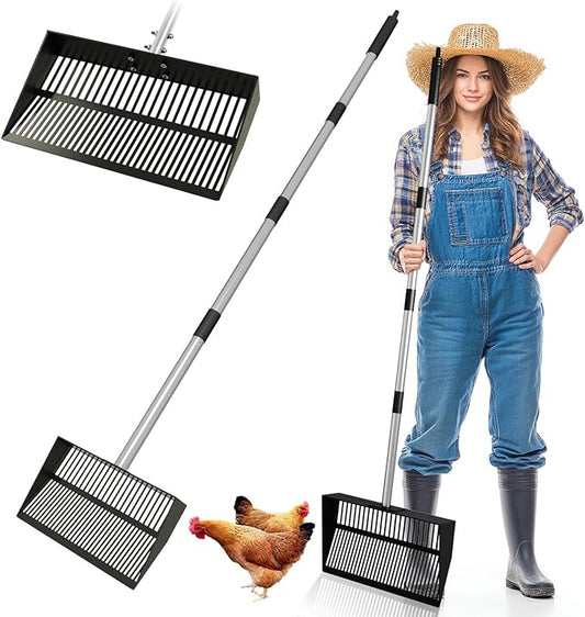 Chicken Poop Scooper, 15 Inch Wide 37 to 63 Inch Adjustable Chicken Coop Scoop for Sand with Work Clothes, Black Metal Multifunctional Sifting Shovel for Chicken Run, Animal Farm
