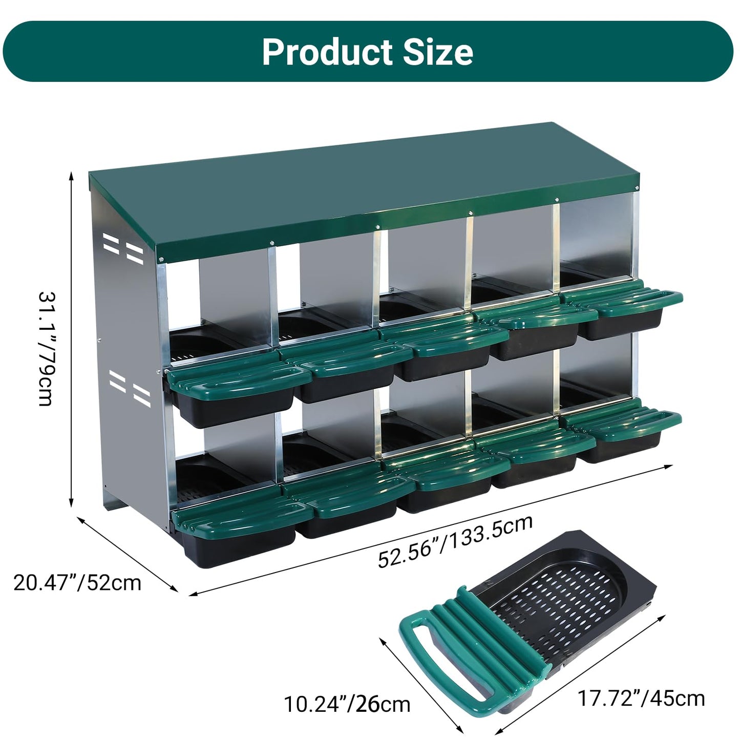 Chicken Nesting Box, 10 Compartments Chicken Nesting Boxes for Laying Eggs, Nesting Boxes for Chicken with Egg Collection for Chicken Coop, Green