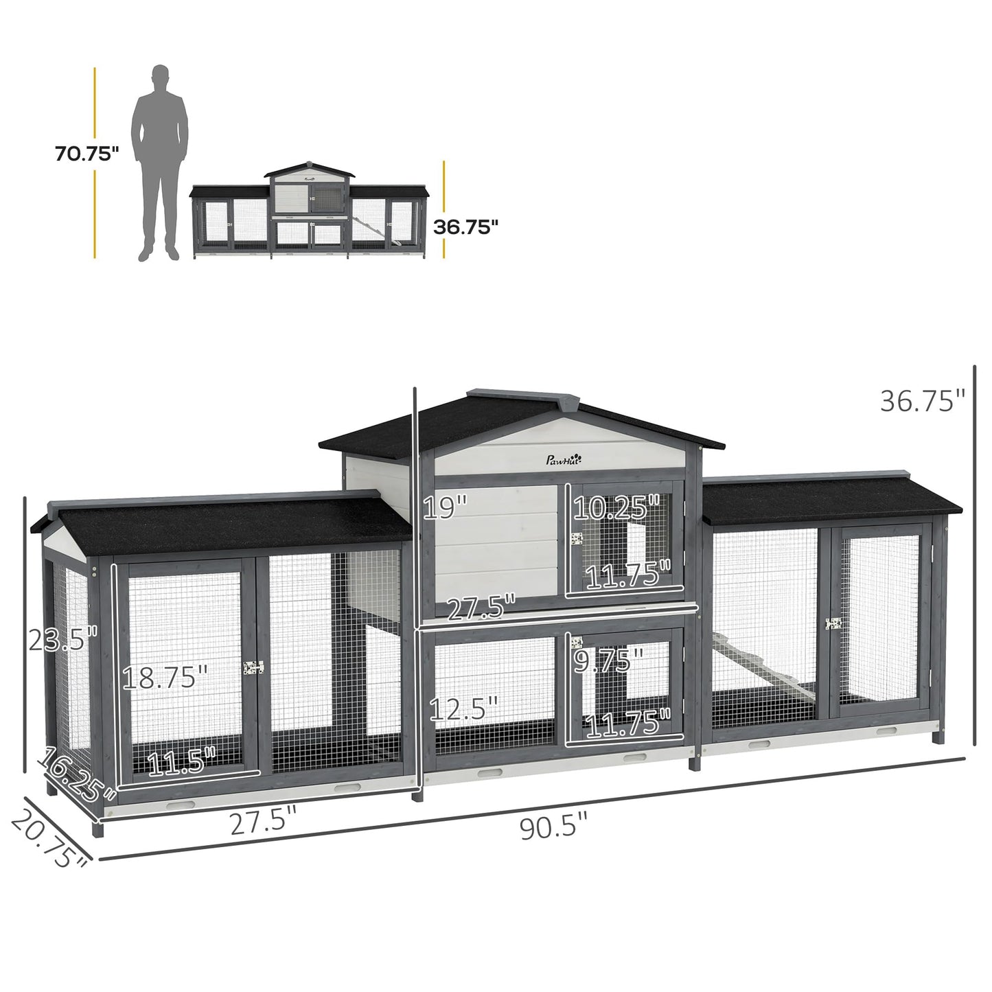 PawHut 90.5" Wooden Rabbit Hutch Bunny Cage Pet Playpen House Enclosure with Double Side Run Boxes, No Leak Tray, Ramp, for Guinea Pig and Small Animals, Light Gray