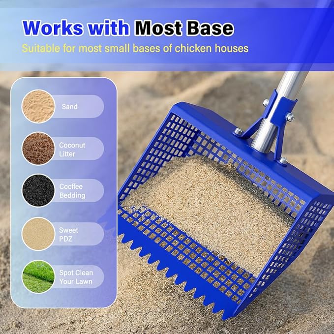 Chicken Poop Scooper & Rake 2-in-1, 304 Stainless Steel Shovel Head - 2X Waste Removal, Easy Clean Anti-Rust Litter Sifting Scoop, Cattle Pen & Beach Sand | Back-Knee Friendly Chicken Coop Accessories