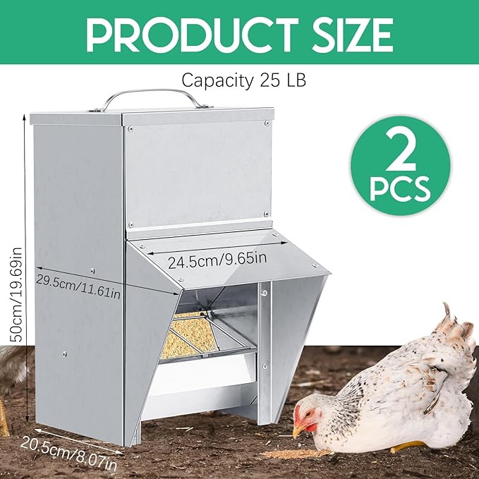 Uiifan 2 Pcs 11.5-50 Lbs Galvanized Chicken Feeder Weatherproof Poultry Food Dispenser with Lid Chicken Duck Food Dispenser Rat Proof Poultry Feeder for Cock Hen Duck(25 lb)