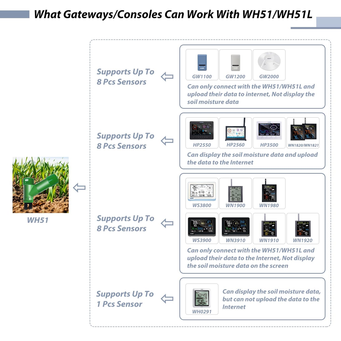 ECOWITT Soil Moisture Tester Kit, Includes GW3000 Wi-Fi&Ethernet Gateway and WH51 Soil Moisture Sensor, with SD Card Port, 915 MHz