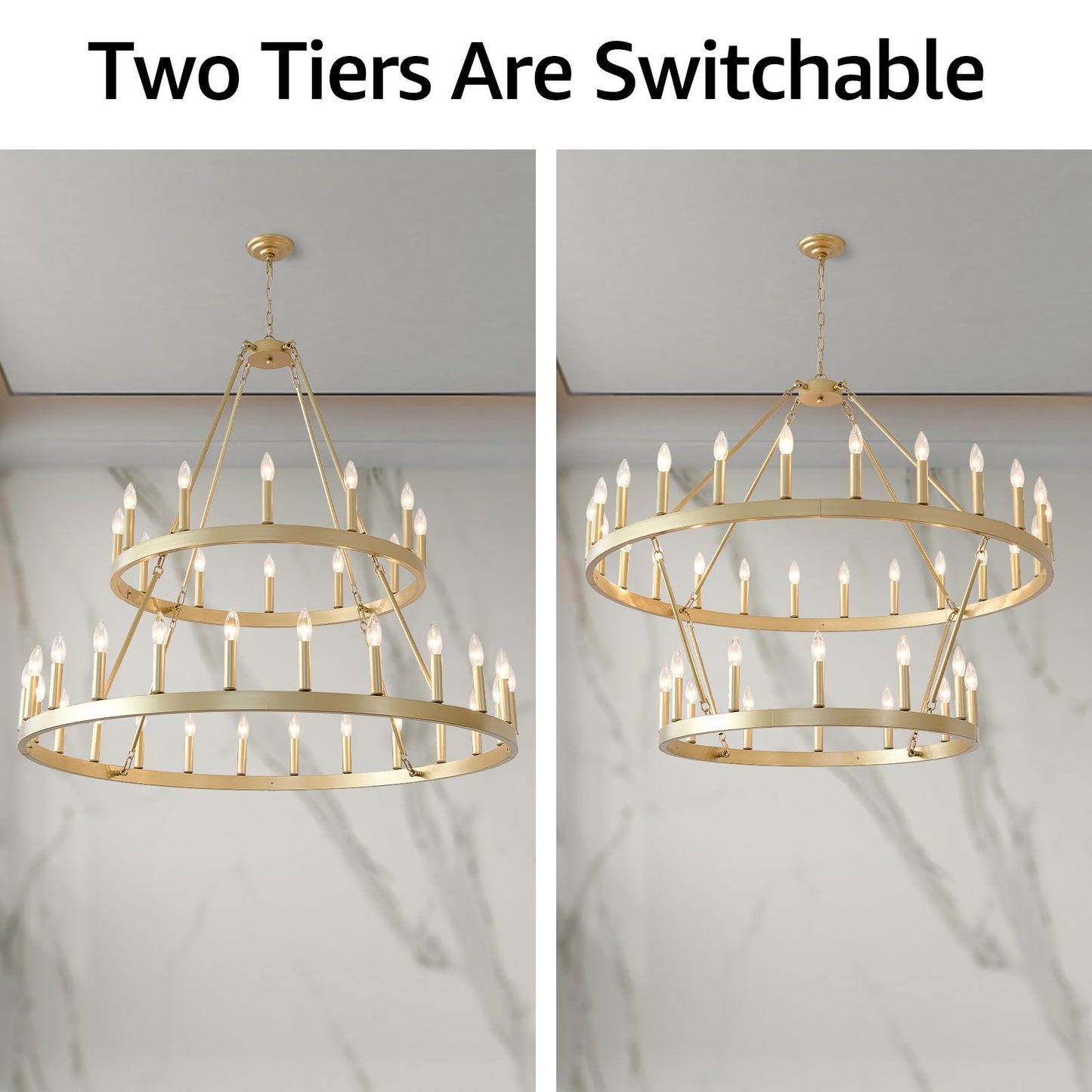 HHR 48" Gold Wagon Wheel Chandelier 2 Tiers, 36-Light Large Farmhouse Chandelier for High Ceilings, Round Rustic Pendant Light Fixture for Foyer, Entryway, Dining Room, E12
